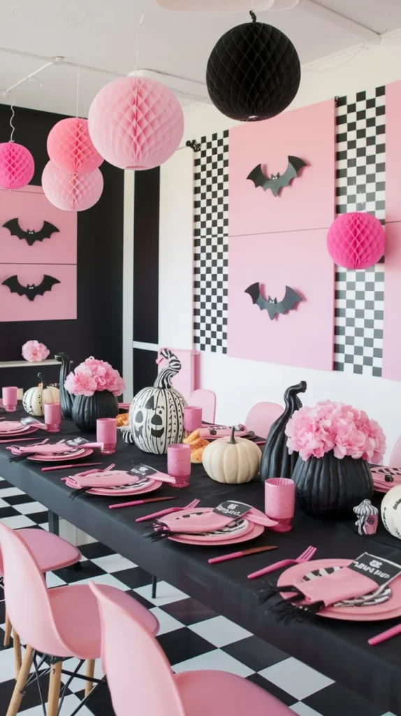 Pink Halloween decor idea 15: Serve the Season on a Pink and Black Party Table