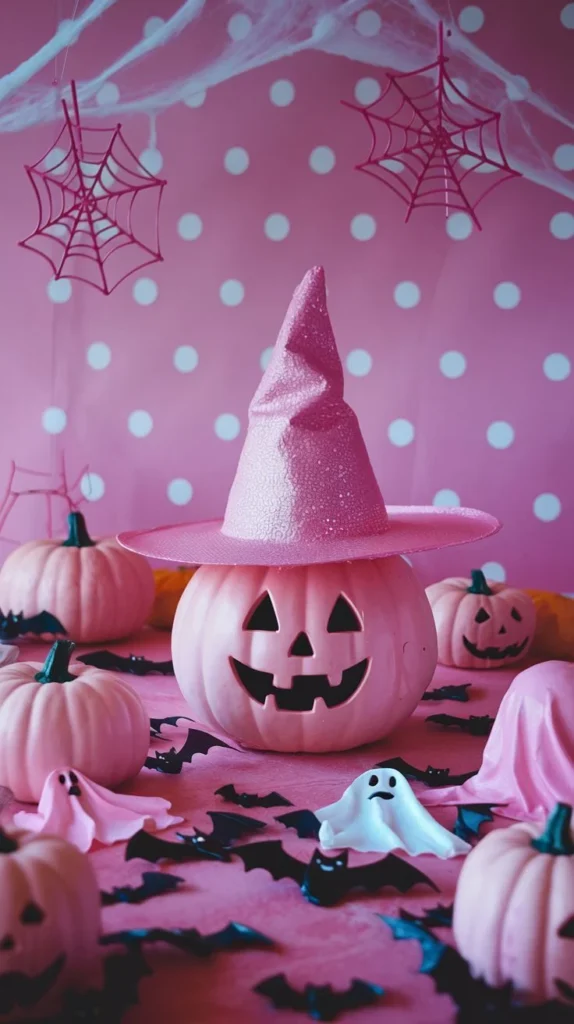 Pink Halloween decor idea 17: Top a Pumpkin With a Glittery Witch Hat