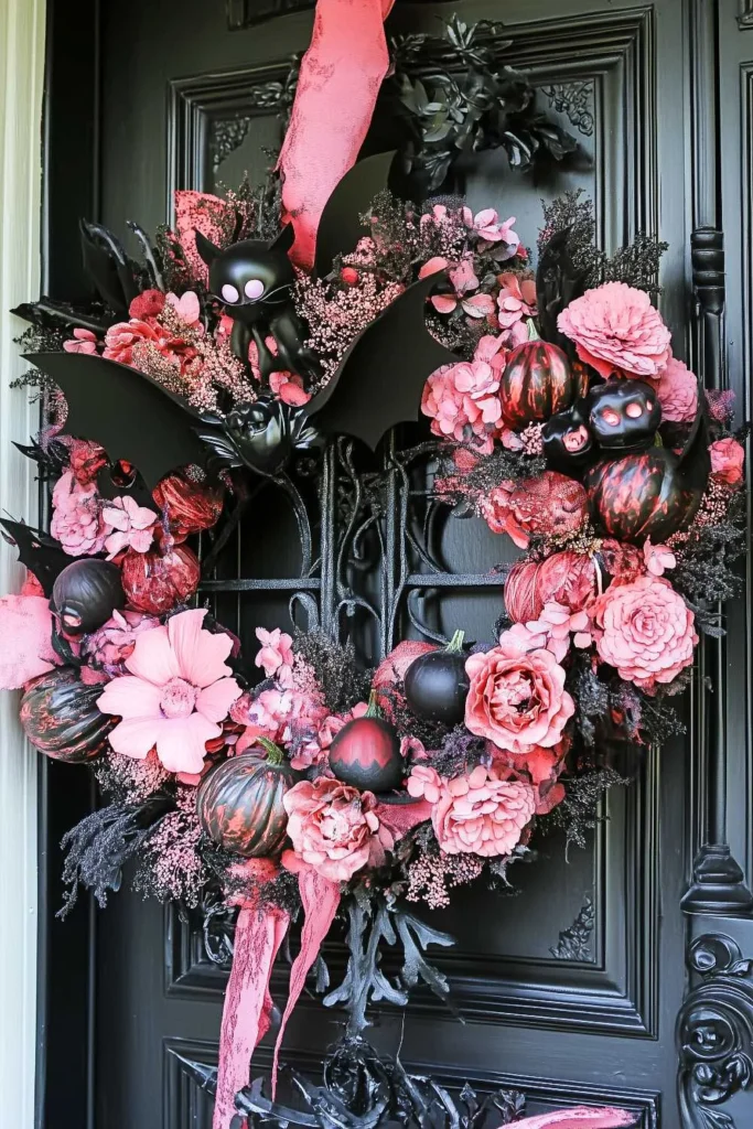 Pink Halloween decor idea 24: Hang a Pink and Black Halloween Wreath