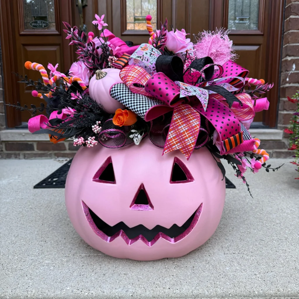Pink Halloween decor idea 26: Crown a Giant Pumpkin With Ribbons and Blooms