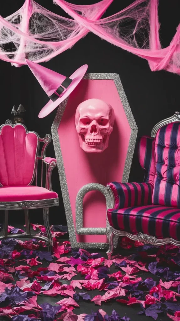 Pink Halloween decor idea 27: Stage a Hot Pink Coffin Photo Corner