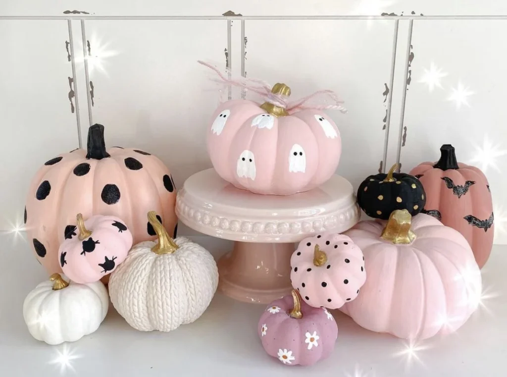 Pink Halloween decor idea 30: Hand-Paint Pumpkins in Pink Patterns