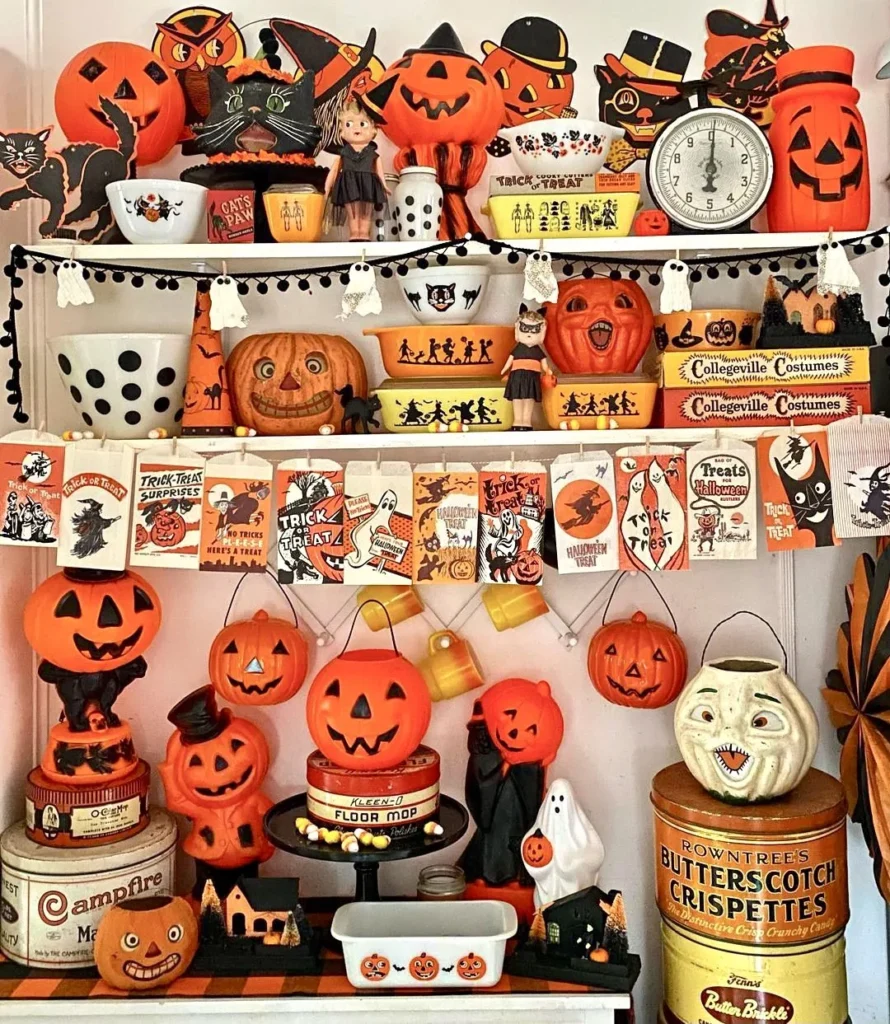 Vintage Halloween decor idea 1: Fill a Hutch With a Full Vintage Halloween Collection