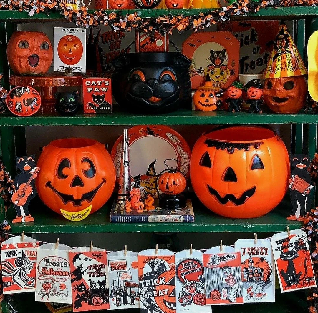 Vintage Halloween decor idea 2: String a Vintage Paper Bunting Across Open Shelves