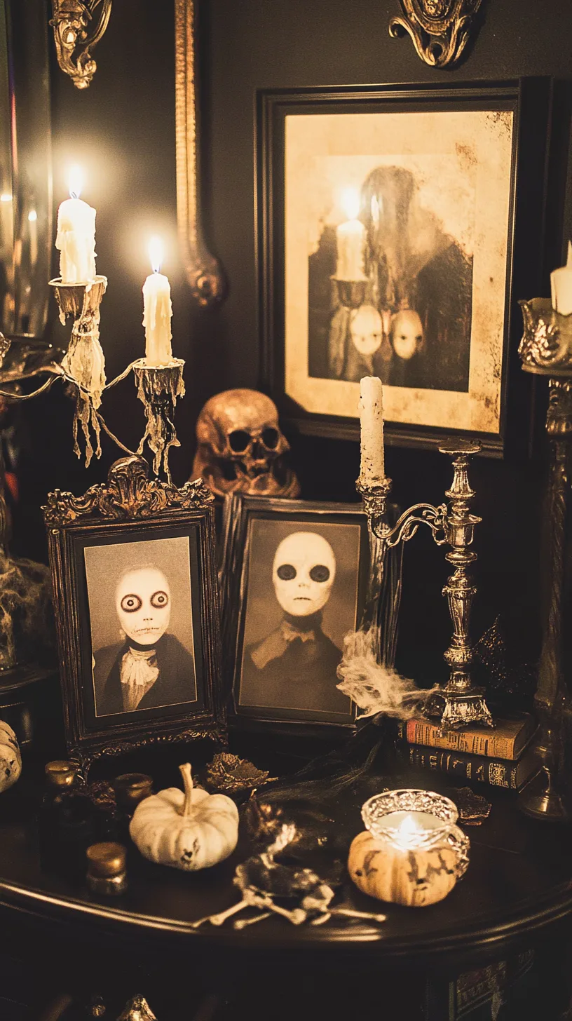 Vintage Halloween decor idea 15: Build a Dark Mantel With Antique Portraits and Skulls