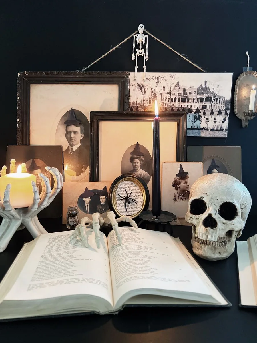 Vintage Halloween decor idea 17: Style a Haunted Study Vignette With a Skull and Old Books
