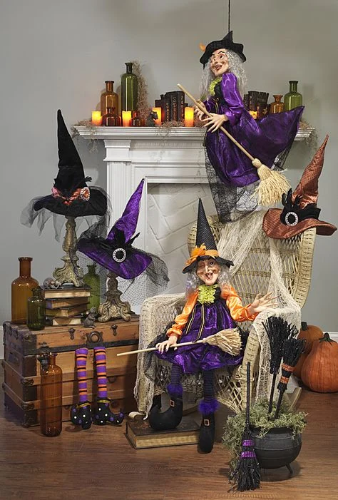 Vintage Halloween decor idea 19: Stage Vintage Witch Figures by the Fireplace