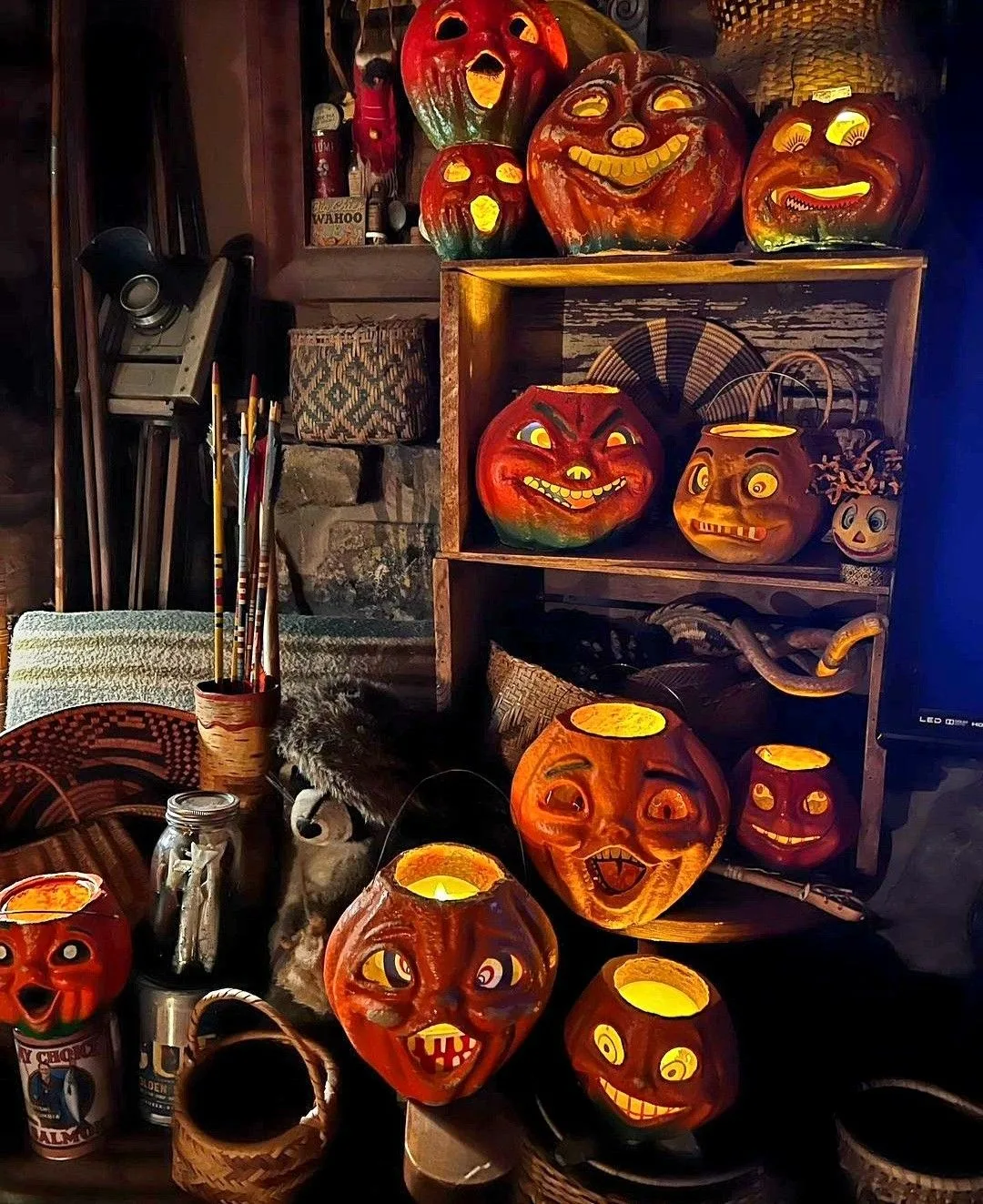 Vintage Halloween decor idea 20: Let Paper-Mache Pumpkins Glow After Dark