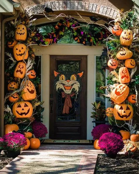 Vintage Halloween decor idea 23: Arch Vintage Pumpkins Over the Front Door